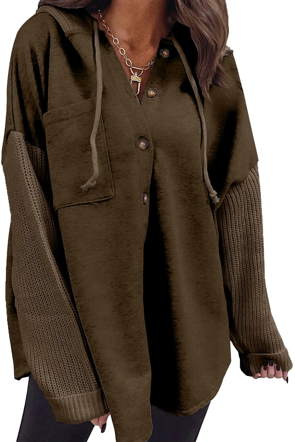 Women's Button Up Contrast Knitted Sleeves Hooded Jacket