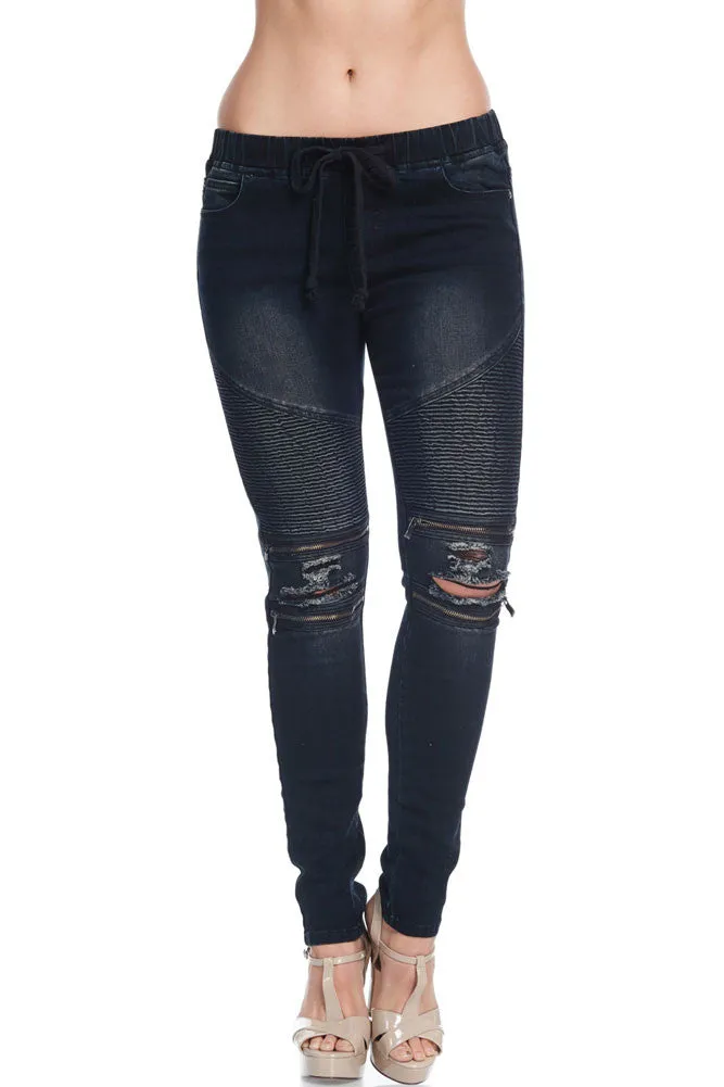 Women's Premium Moto Ripped Skinny Denim Joggers