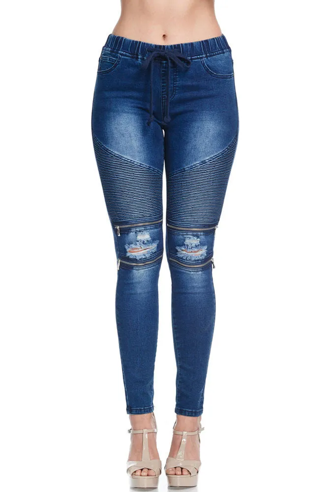 Women's Premium Moto Ripped Skinny Denim Joggers