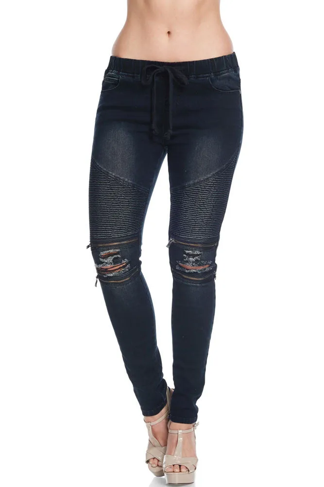 Women's Premium Moto Ripped Skinny Denim Joggers