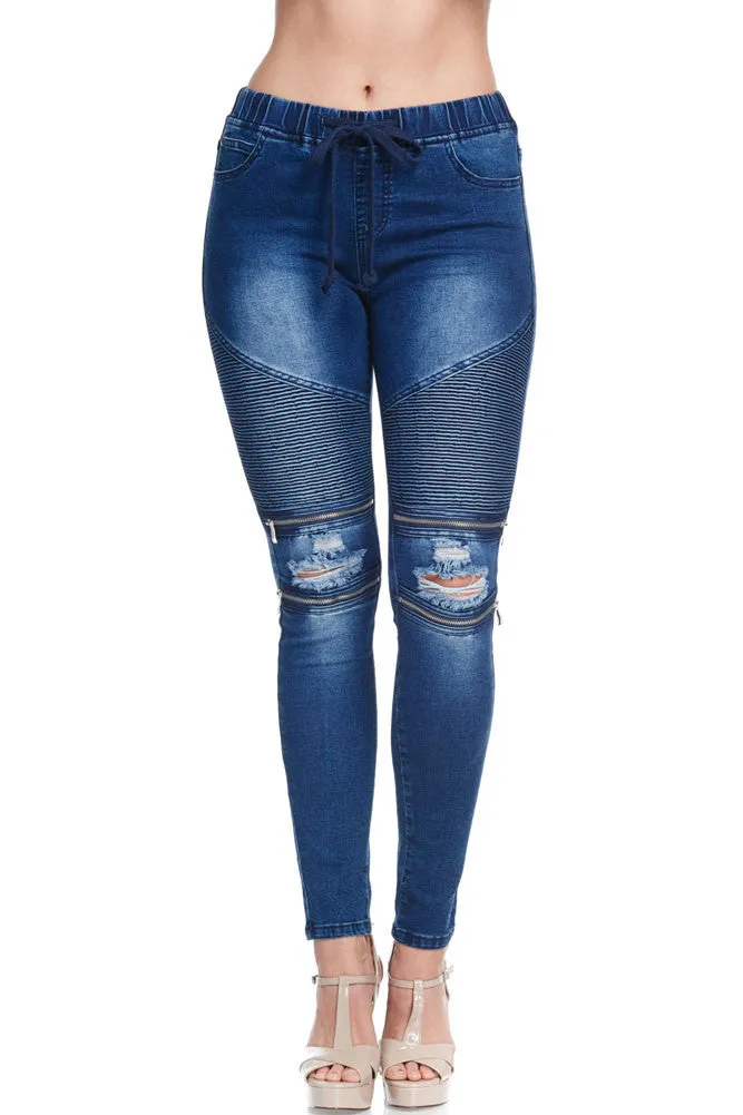 Women's Premium Moto Ripped Skinny Denim Joggers